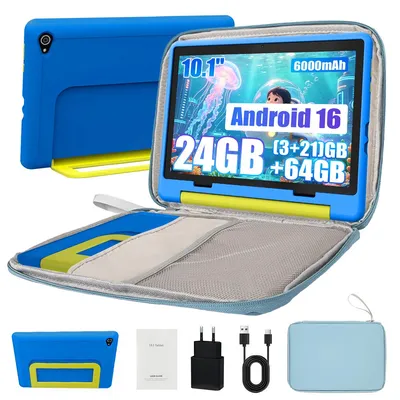 Produktbild von Kinder Tablet Android 16, 10 Zoll HD Display, 24GB RAM, 64 GB, 6000 mAh, WiFi 6, mit Tragetasche
