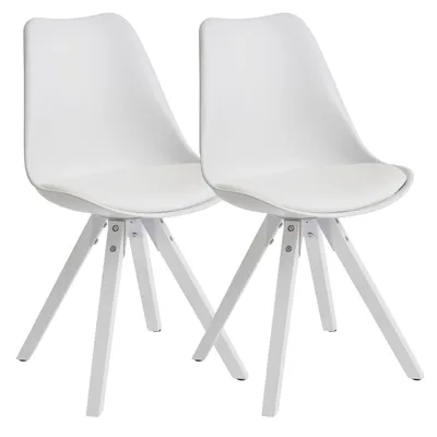 Produktbild von 2er Set Retro Esszimmerstuhl Weiß Skandinavisch, Polsterstuhl Rückenlehne, Küchenstuhl mit weißen Beinen, Stuhl Kunstleder gepolstert