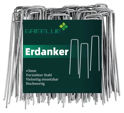Produktbild von GREELUE 100 Stück Ø3mm Erdanker Bodenanker, 150x25mm Verzinkter Stahl Anti-Rost Erdnägel für Unkrautvlies Gartenvlies Camping