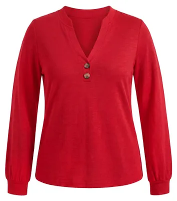 Produktbild von Rote Baumwollbluse XL mit V-Ausschnitt, Knopfverschluss, langen Ärmeln