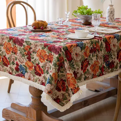 Obrázok produktu pre Vintage obrus s kvetinovým vzorom a franjami, 120 x 120 cm