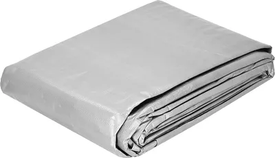 A folded silver tarp is shown against a white background.