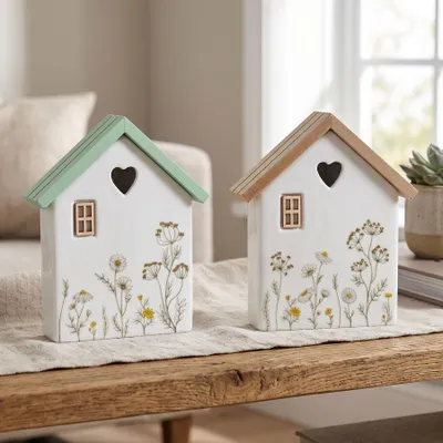 Produktbild von levandeo 2er Set Deko Aufsteller Haus H18cm Porzellan MDF Holz Blumen Tischdeko Frühling