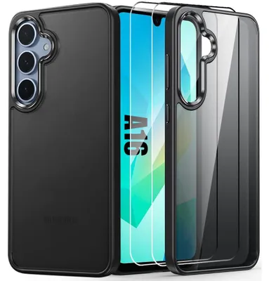 Image de Coque + 2 Verres Trempés pour Samsung Galaxy A16 4G/5G, Protection Dos Rigide Translucide avec Bordure Silicone Noir