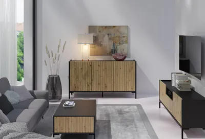 Produktbild von Moderne Wohnwand LANDO 3 Couchtisch + TV-Schrank + Kommode Lamellen Eiche Artisan/ Schwarz