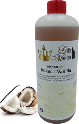 Produktbild von Dufte Momente | Whirlpool Duft 1 Liter Kokos - Vanille | mit naturreinen und natürlichen ätherischen Ölen | kein Schaum | vegan und ohne Tierversuche