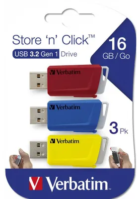 Obrázek produktu pro Verbatim Store ‘n’ Click, 16 GB, USB Typ-A, 3.2 Gen 1 (3.1 Gen 1), 80 MB/s, Kluzné, Modrá, Červená, Žlutá