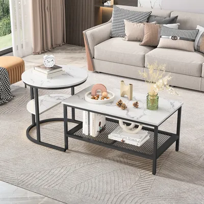 Produktbild von ProximaX Couchtisch Set, rechteckiger Tisch und Halbmond-Tisch, mit Schwarz Tischbeinen, platzsparend und praktisch, Wohnzimmer