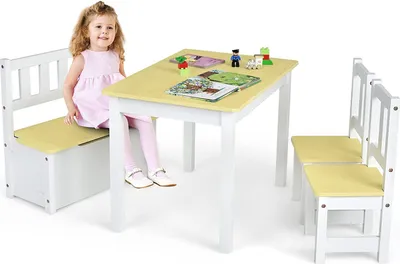 Produktbild von GOPLUS Kindertisch mit Stühle holz, 4-teiliges Tisch und Stuhl Set für Kinder, 2 in 1 Tisch Set aus Holz für Kleinkinder mit 2 Stühlen und 1 Aufbewahrungsbank, multifunktionale Möbel zum Spielen, Zeichnen, Lesen