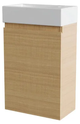 Immagine prodotto di Mobile sospeso per bagno con lavabo - Montaggio a parete - 40 cm - Lavabo in Vetroceramica - Ante con spazio contenitore - Ripiano interno regolabile - Cerniere con sistema di chiusura ammortizzata - Legno di quercia