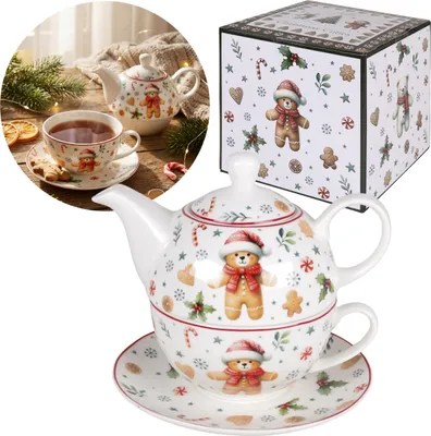 Produktbild von CHRISTMAS CUTIES Teeset: Porzellantasse 300 ml mit 450-ml-Kanne und Untertasse – für Kräutertee, ideales Weihnachtsgeschenk