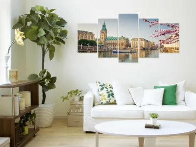 Produktbild von Akustikbild Hamburg 200x100 cm Bilder Akustikschaum Hochleistungsschallabsorber Schallschutz Leinwand 5 tlg Wandbild Raumakustik Schalldämmung Stadt Rathaus d-B-0168-b-m