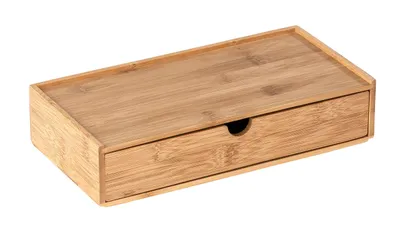 A bamboo storage box with a drawer is shown against a white background.
