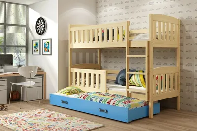Produktbild von Kinderhochbett mit Zustellbett und Matratzen 80x190 BRIGID – Kiefer / Blau