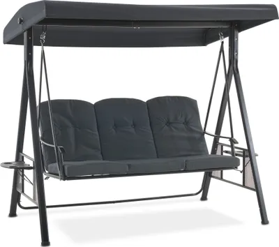 Produktbild von MCombo Hollywoodschaukel Gartenliege, Dunkelgrau, 3-Sitzer, wetterfest, mit verstellbarem Sonnendach, inkl. 3 Sitzpolster, 200x114x180 cm (BxTxH), 360 kg Tragkraft, pulverbeschichteter Stahl, PVC-Teslin, Polyester, 4092