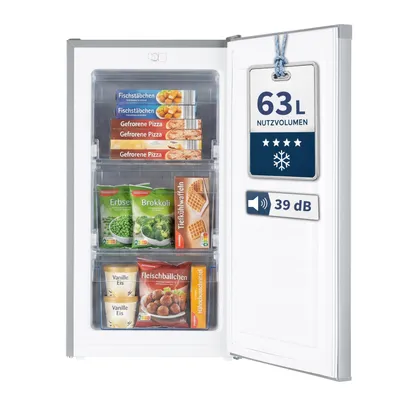 Produktbild von Stolthoff Mini Gefrierschrank 63 L, Gefrierschrank klein, 4 Sterne Tiefkühlschrank bis -18 °C, 39 dB leise, freezer freistehend, sparsam, Silber