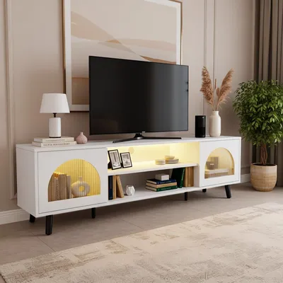 Produktbild von TV-Schrank mit RGB-Beleuchtung, Doppeltür aus Glas, strukturerte Spanplatte,Weiß, 160×35×47 cm