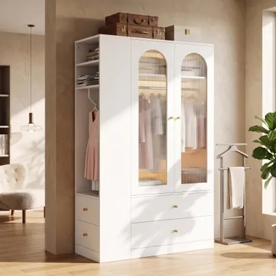 Produktbild von Abrihome Kleiderschrank Drehtürenschrank 120 x 50 x 200 cm – Moderner Schlafzimmerschrank mit 4 Schubladen, 2 Glastüren & 2 Kleiderstangen, Weiß