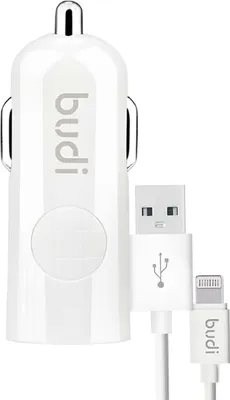 Produktbild von Budi, USB-Autoladegerät 12 W mit Lightning-Kabel 1,2 m, Weiß