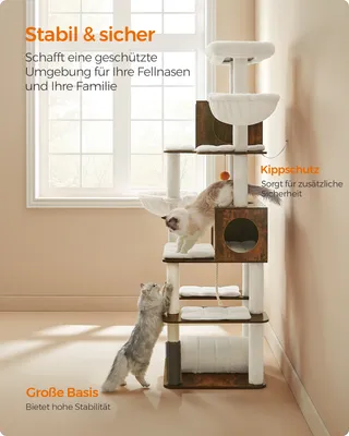 Produktbild von Feandrea Kratzbaum groß, 197cm, Katzenbaum XXL, modern, mehrstöckiges Katzenhaus, Katzenbürste, Tunnel vintagebraun