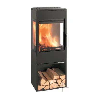 A black wood-burning stove with a glass door showing flames, and a storage compartment for firewood at the bottom.