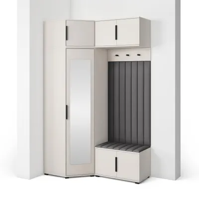 Produktbild von Garderoben-Set Napoli Version 23: Eckschrank mit Polsterpaneelen, Schuhschrank und Schrankaufsatz Flur und Eingangsbereich (Cashmere/Trinity 15)