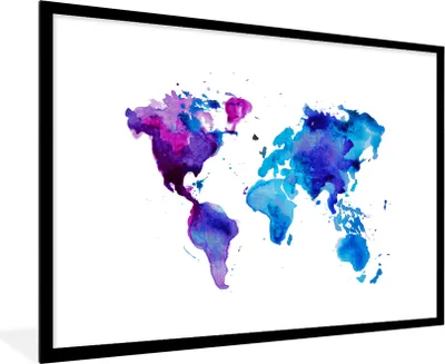 Produktbild von MuchoWow® Gerahmtes Poster Weltkarte - Aquarell - Lila - Kinder - Jungen - Mädchen 90x60 cm - Poster mit Schwarzem Bilderrahmen Wandposter Rahmen Foto Bilder - Wanddekoration - Fotos