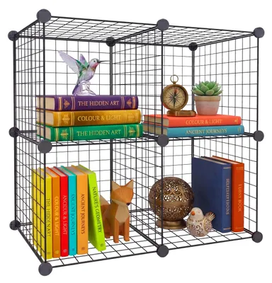 Immagine prodotto di Scaffale a incastro Relaxdays, scaffale modulare a cubi, sistema di scaffali, 4 cubi, fai da te, A x L x P: 75 x 75 x 37 cm, scaffale in filo metallico, metallo, nero