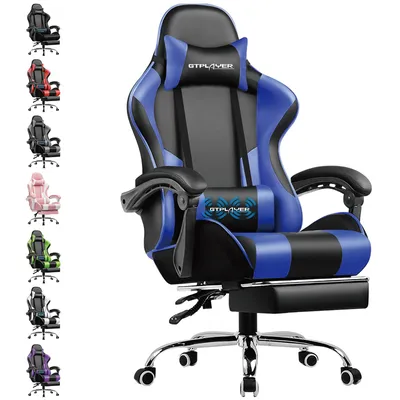 A blue and black gaming chair is shown on a white background, with smaller images of the same chair in different colors displayed to the left.