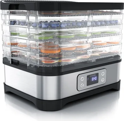 Produktbild von Arendo Dörrautomat Dehydrator mit 5 Etagen, 260 W elektrisches Dörrgerät für Obst, Gemüse, Fleisch, Edelstahl Dörrmaschine mit Zeitanzeige, Timer und Temperaturregelung (35-70°), BPA frei
