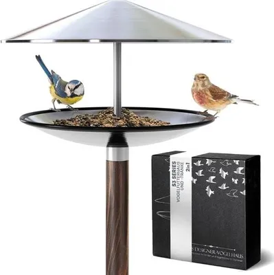 Produktbild von Vogelhaus und Vogelbad 2-in-1 mit Ständer, wetterfest, aus Edelstahl, Designer-Vogelfutterstation, stehend, frostsicher, winterfest, Luxus-Vogelfutterstation, Balkon