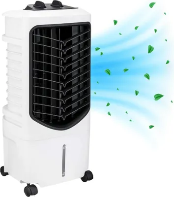 A white mobile air cooler with a black grille is shown on a white background. Blue wavy lines and green leaves emanate from the grille, suggesting airflow and freshness.