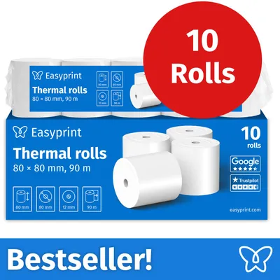 Image de NOUVEAU : Thermorouleaux / rouleaux de caisse Easyprint, 10 rouleaux, 80 mm x 80 mm x 12 mm, 90 m, s PEFC, compatibles avec EPSON, IBM, et autres.