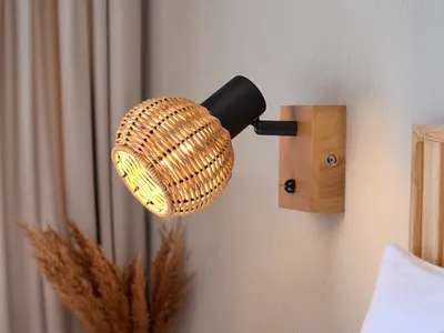 Produktbild von Wandstrahler innen 1 flammig Holzlampe mit Rattanschirm Natur Treppenbeleuchtung