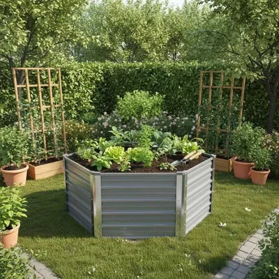 Produktbild von Garten Hochbeet - Sechseckiges Pflanzbeet - 129x129x77 cm - Verzinkter Stahl - Offener Boden - Grau