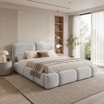 Produktbild von Polsterbett AURIO mit Bettkasten, Bett 140x200, Doppelbett mit Stauraum und Lattenrost, Boxspringbett-Optik, ohne Matratze, Schlafzimmer - Hellgrau