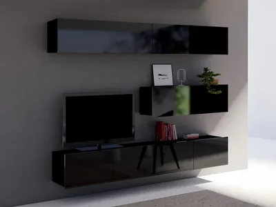 Produktbild von Wohnwand CALABRINI-8 Wohnzimmer-Set Hängewohnwand Schrankwand TV-Schrank Moderne Anbauwand Hochglanz (Schwarz)