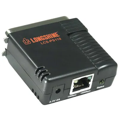 Produktbild von Longshine LCS-PS110-A, Schwarz, 2 MB, 1 MB, Ethernet-LAN, IEEE 802.3, IEEE 802.3u, TCP/IP, IPX, NetBeui, AppleTalk, LPR, SMB