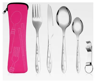 Produktbild von Edelstahl Campingbesteck, 6-teiliges Reisebesteck mit Gabel, Löffel, Flaschenöffner und Bestecktasche für Reisen, Camping, Picknick