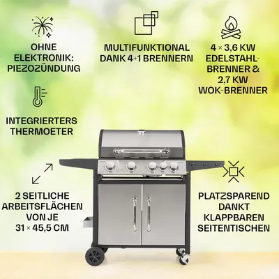 Produktbild von Klarstein Gasgrill mit Großer Grillfläche, Gasgrill 1 Seitenbrenner & 4 Brenner, 17,1kW Edelstahl-Gasgrill, BBQ Gasgrill für Balkon & Garten, Grill für Propan, Gasgrills mit 5 Brenner & Thermometer