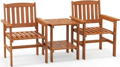 Produktbild von GOPLUS 3-TLG. Gartenmöbel Set, Bistro Set - inkl. Couchtisch und 2 Stühlen, Balkonmöbel Set mit Schirmloch, Sitzgruppe Sitzmöbel Gartengarnitur Sitzgarnitur für Hof, Terrasse & Veranda, Natur