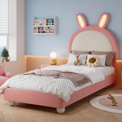 Produktbild von okwish Polsterbett 90x200 Kinderbett mit Hasenohren-Kopfteil Einzelbett Bettgestell LED-Lichtleiste Weiche Antikollisions-Schwammkante Rosa (ohne Matratze)
