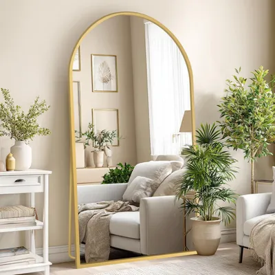 Immagine prodotto di Specchio a figura intera, specchio ad arco, 193x86 cm, finitura oro, lega di alluminio, vetro temperato, da appoggio o da parete