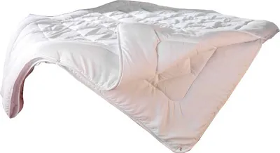 A white quilted blanket is shown against a white background.