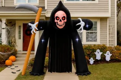 Produktbild von Horror Tor, XXL Aufblasbarer Sensenmann mit LED | 270x240x95 cm | Halloween Deko mit Sense & Beleuchtung | Für Innen und Außen geeignet
