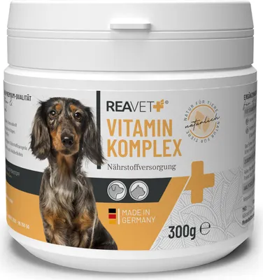 Produktbild von REAVET Vitamine für Hunde, Vitamin Komplex Pulver I Über 20 wertvolle, rein natürliche Vitamine & Mineralien I bei Vitaminmangel, Multivitamin Pulver Hund 300g