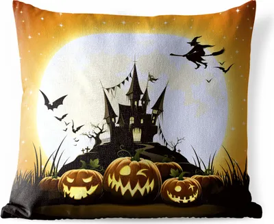 Produktbild von MuchoWow® Outdoor Kissen - Eine Illustration einer Hexe, die zu Halloween über ein Schloss fliegt - 40x40 cm - Wetterfest - Lounge Kissen - Kopfkissen - Interieur - Polster mit Bild