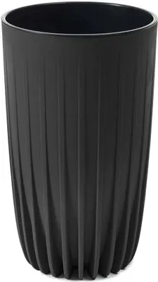 A black, fluted planter pot shown from a slightly angled front view against a white background.