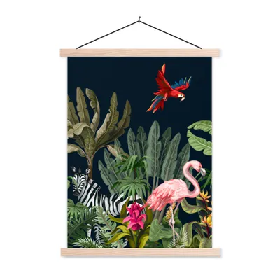 Produktbild von MuchoWow® Textilposter Dschungel - Pflanzen - Tiere - Kinder - Flamingo - Zebra 120x160 cm mit holzfarbenen Rahmen - Plakatkarton
