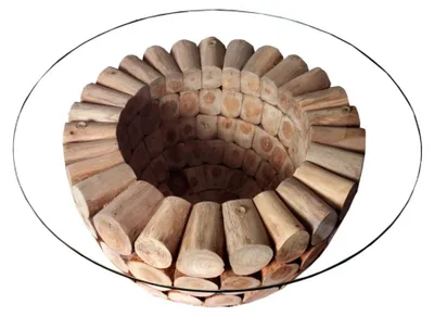 Image de Table basse ARBOREA ronde 70 cm en bois massif et verre trempé – pied central design en rondins